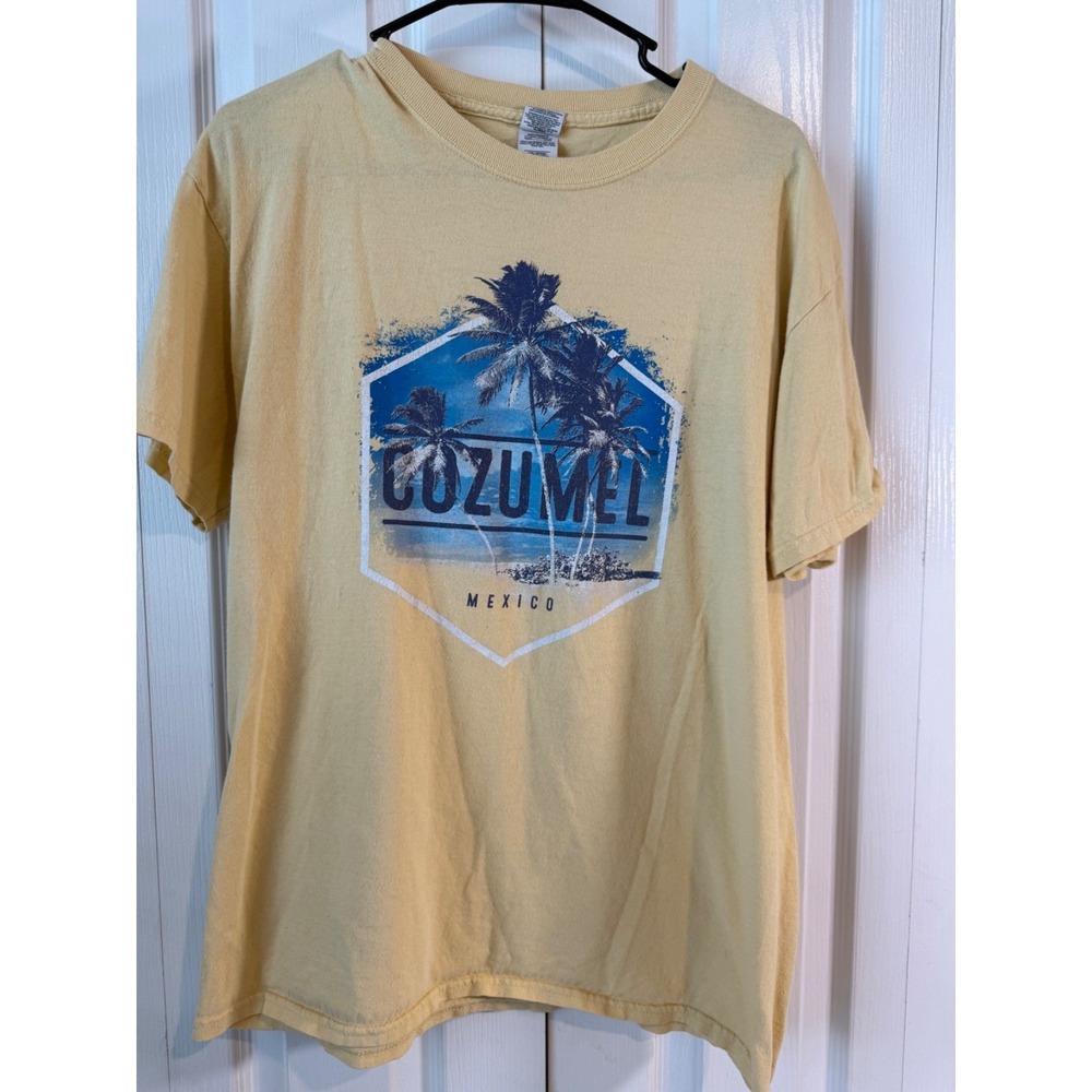 Cozumel Mexico T-Shirt Size Large Yellow Blue Palm Tree Graphic Souvenir Tee Gil